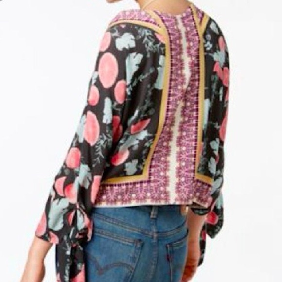 FREE PEOPLE Freshly Squeezed Grapefruit Flowy Boho Button Tie Sleeve Top Small - Picture 1 of 15